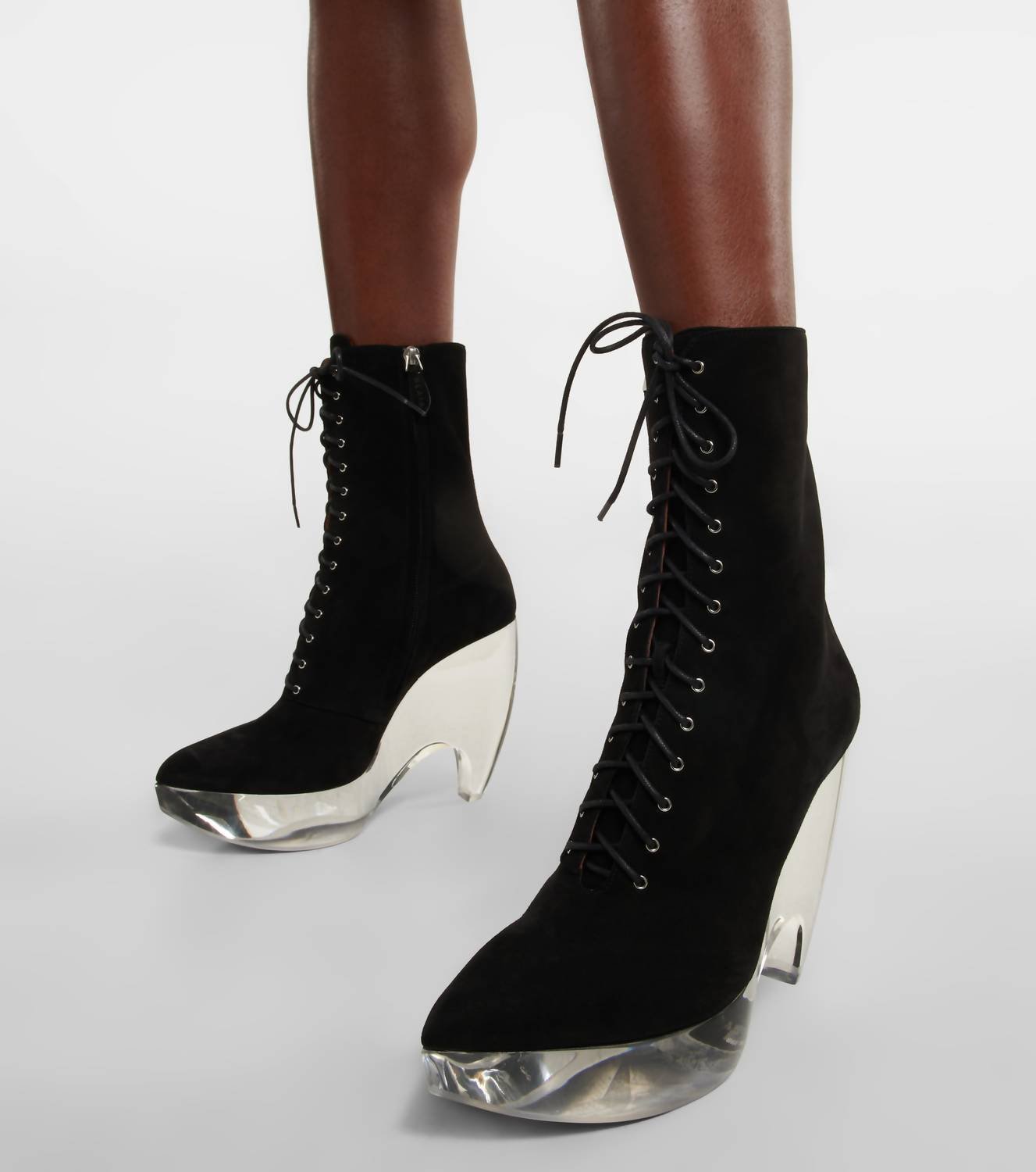 Alaia - Preloved Suede Lace Up Platform Plexi Sole Bootie - Image 4